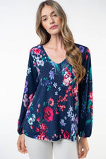 Navy Long Sleeve Floral Print Knit Top