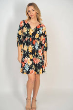 Three Quarter Sleeve Floral Print Knit Dress