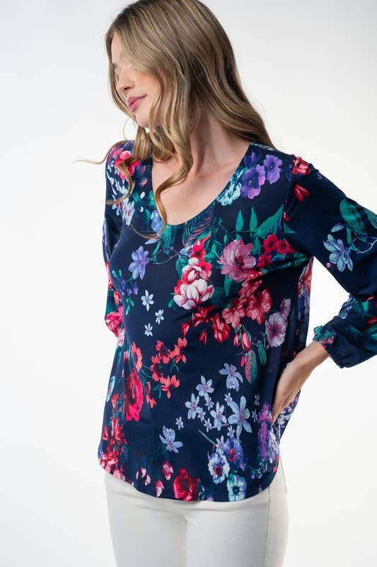 Navy Long Sleeve Floral Print Knit Top