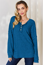 Ribbed Half Button Long Sleeve T-Shirt