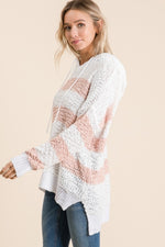 High-Low Striped Popcorn Hoodie Sweater