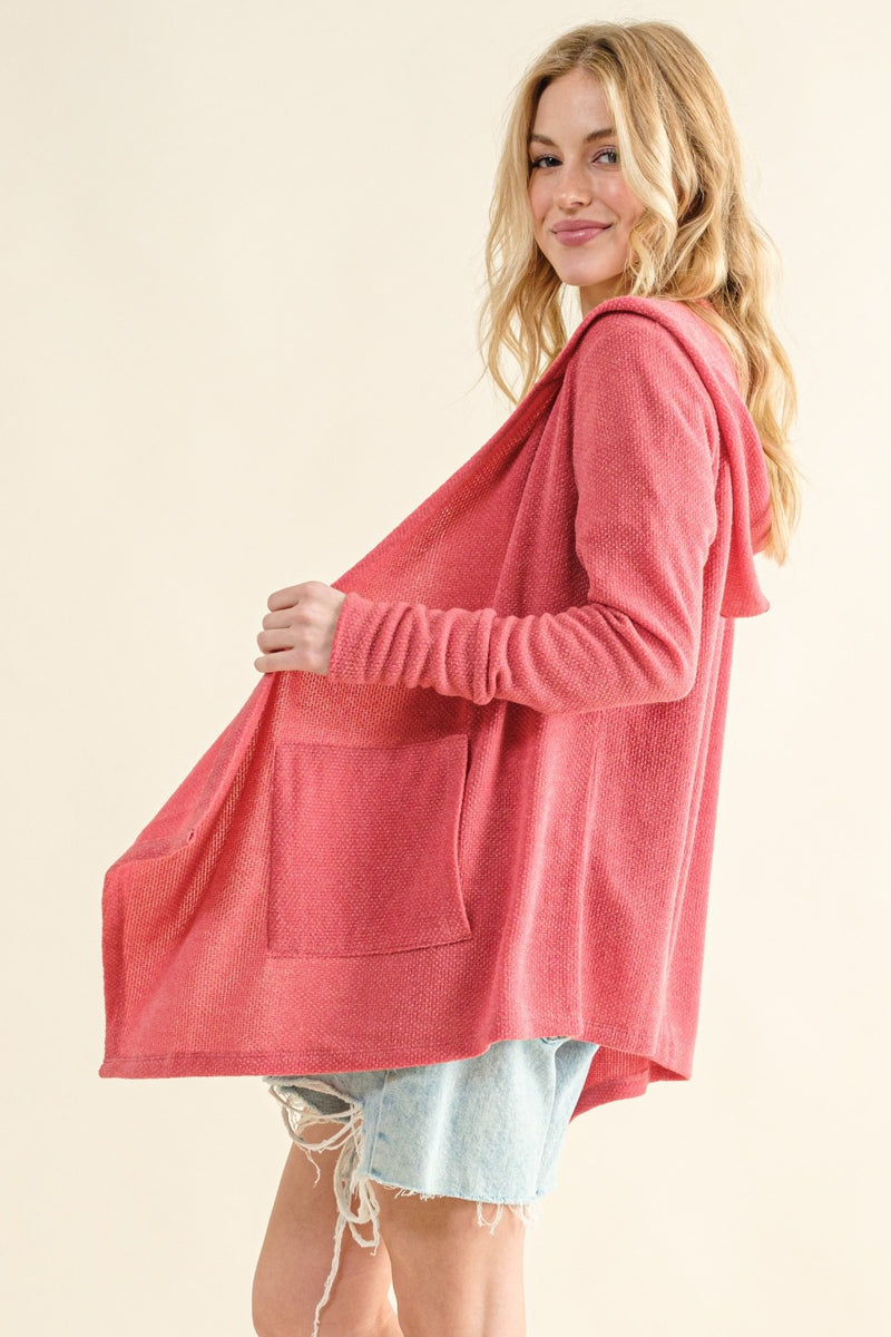 Thermal Hooded Open Front Cardigan with Pockets in Rose Pink