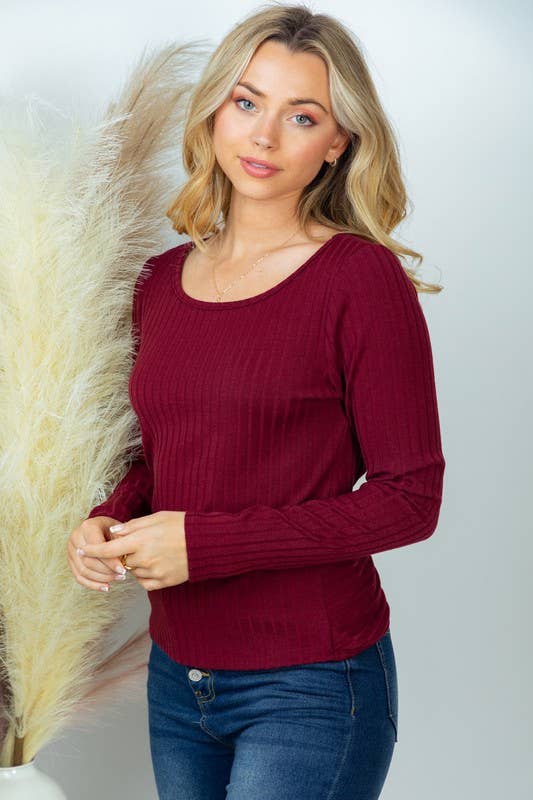 Wine Long Sleeve Solid Knit Top