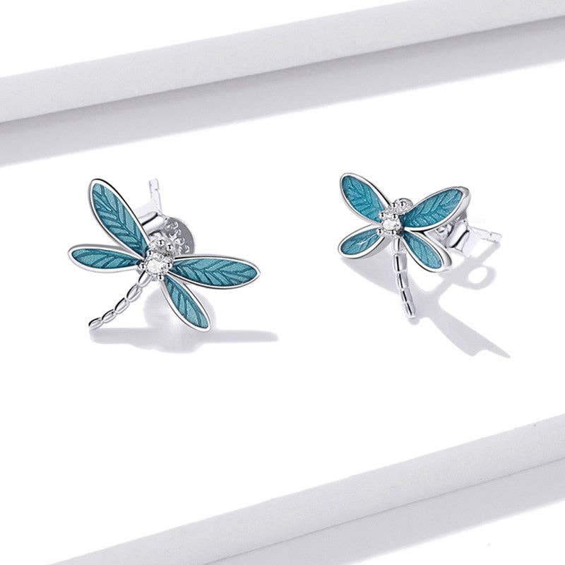 Blue Enamel Dragonfly Stud Earrings in 925 Sterling Silver