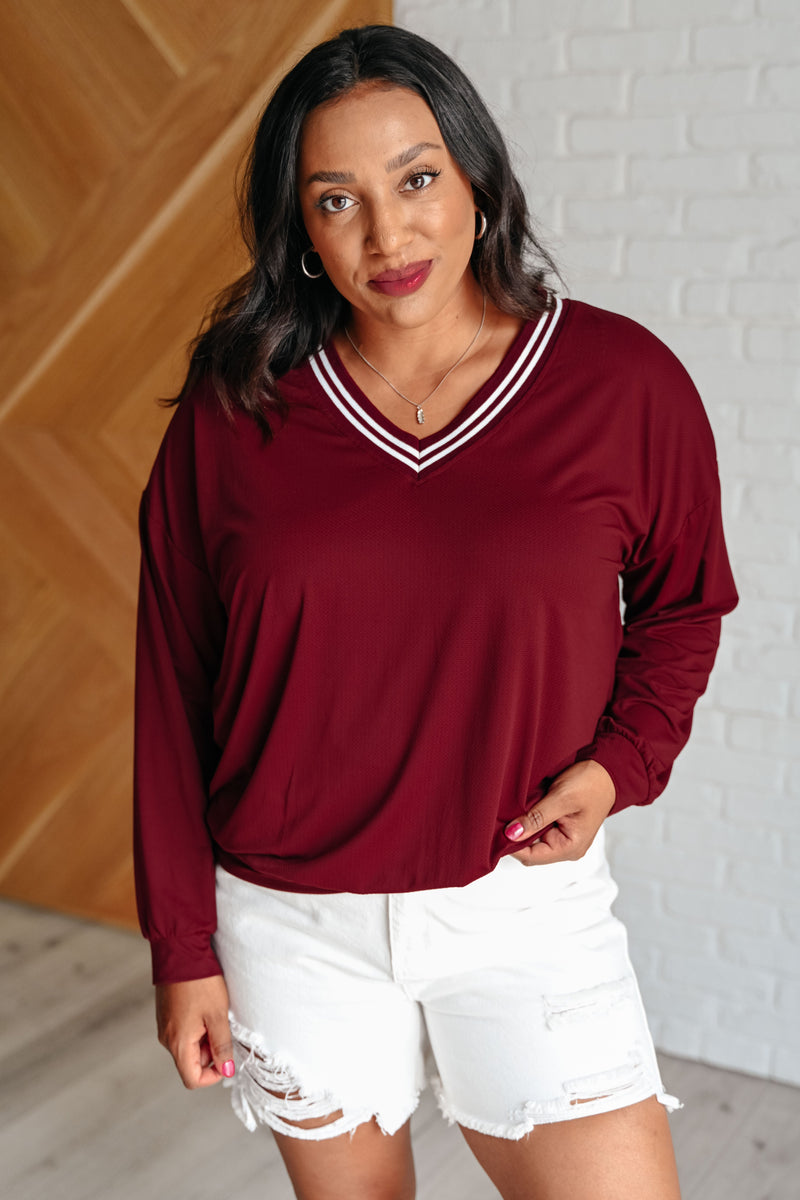 All Out Comfort V-Neck Pullover in Red Merlot*