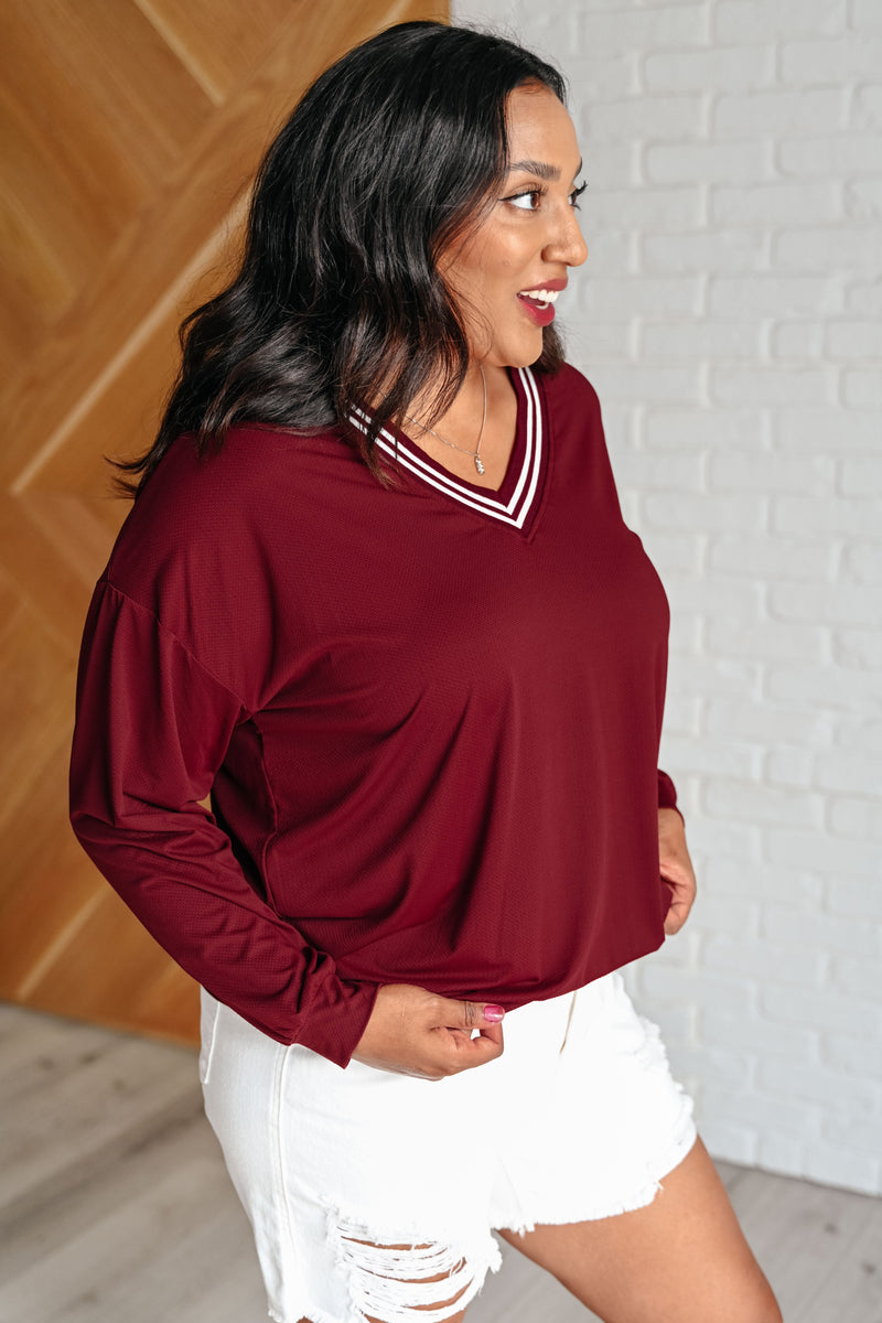 All Out Comfort V-Neck Pullover in Red Merlot*