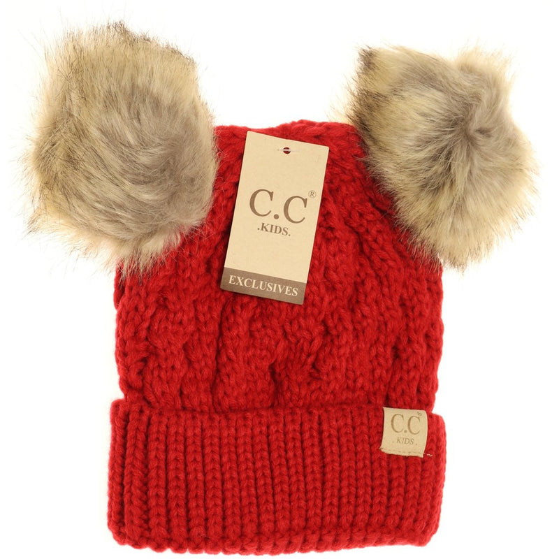 Kids Cable Knit Double Fur Pom Beanie - Red