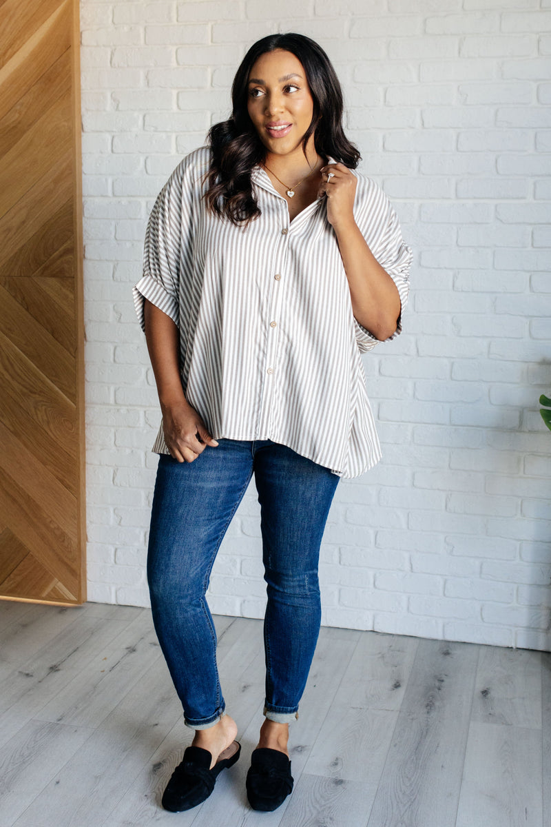 Boxy Striped Button Up in Mocha