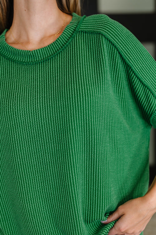 Catch Me Loungin’ Cable Ribbed Knit Top in Dark Green**