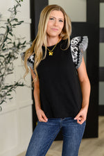 Contrast Flutter Sleeve Top in Black