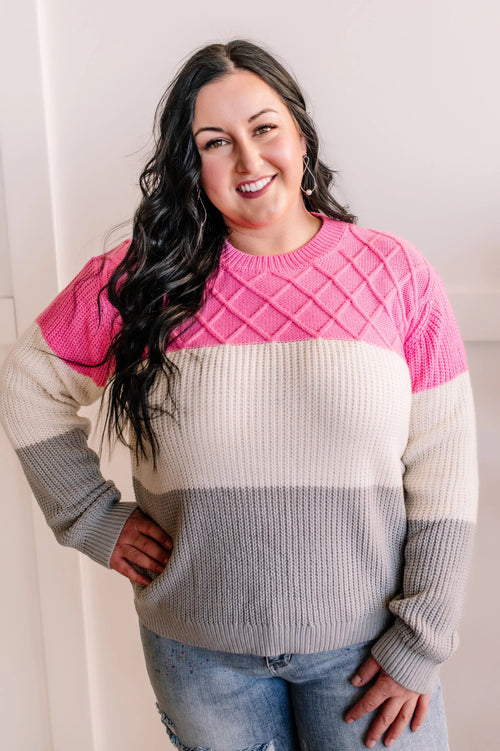 Youve Been Colorblocked Woven Sweater In Pink Gray & Ivory