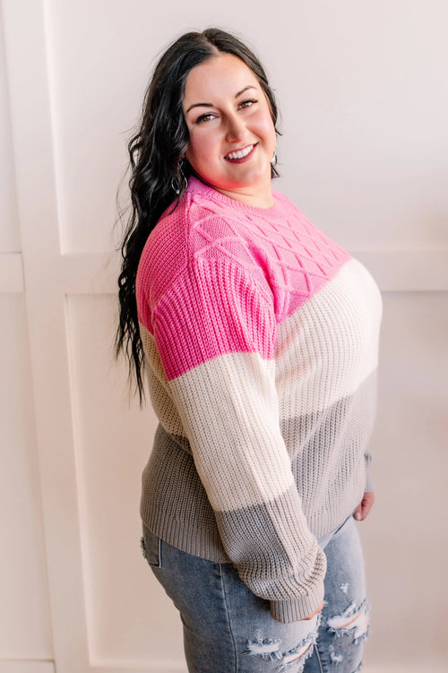 Youve Been Colorblocked Woven Sweater In Pink Gray & Ivory