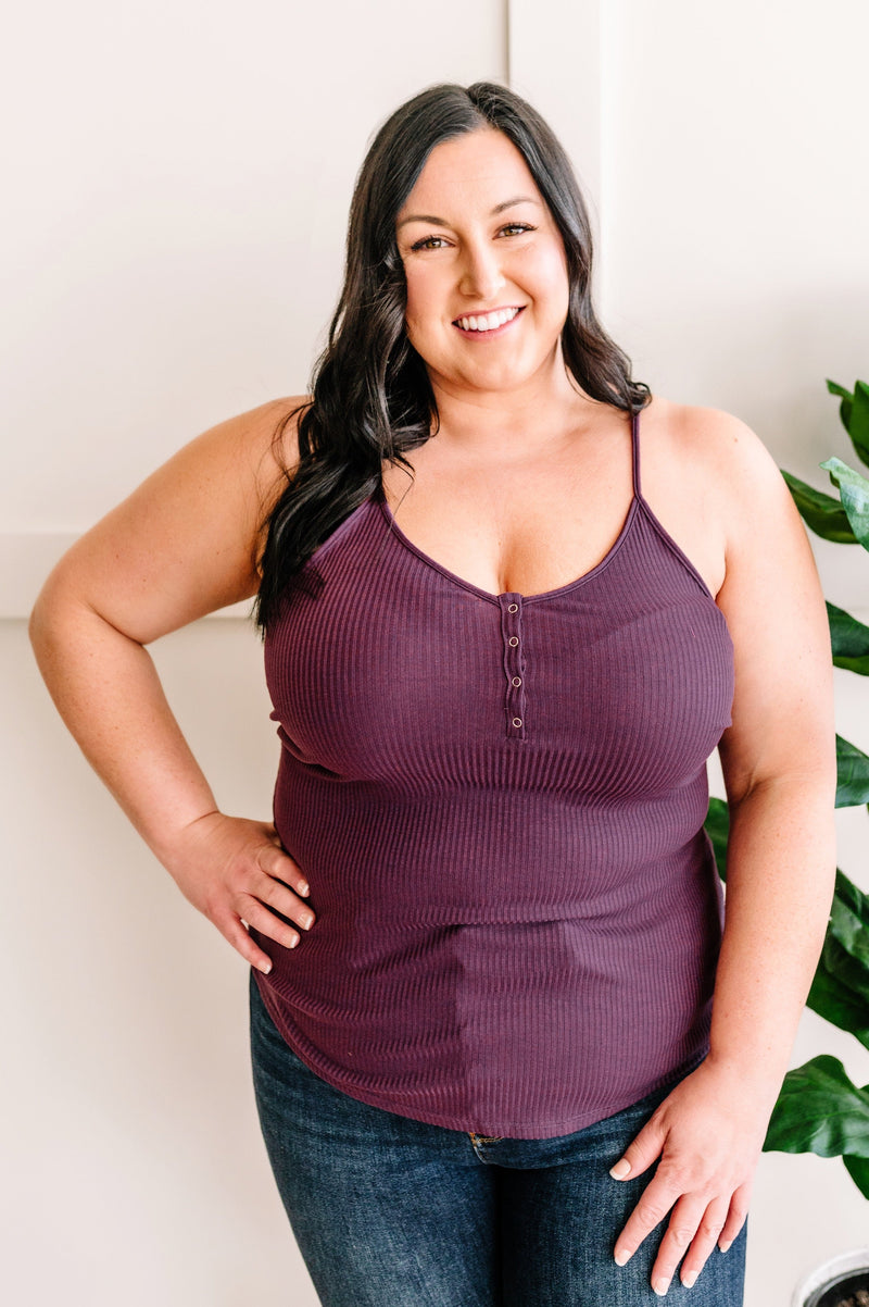 Ribbed Button Front Sleeveless Top In Dark Purple**