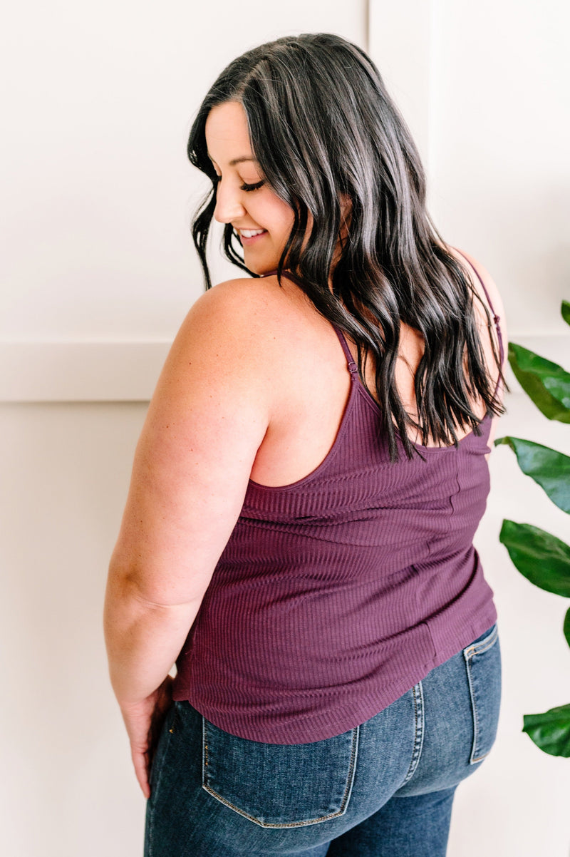 Ribbed Button Front Sleeveless Top In Dark Purple**