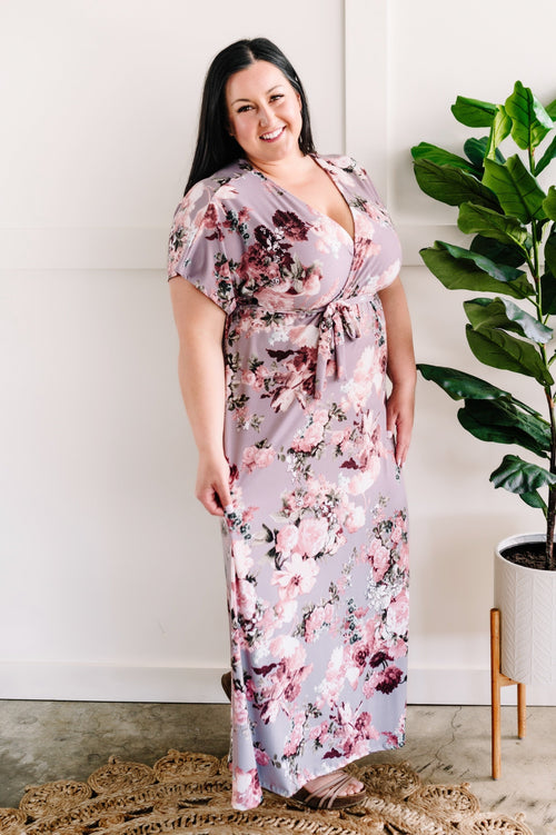 Belted Surplice Floral French Lilac Maxi Dress