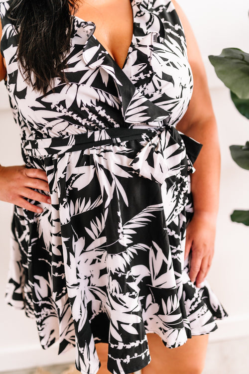 Belted Surplice Dress With Ruffle Detail In Black & White Florals