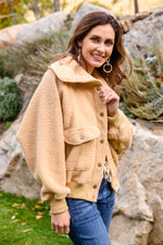 Dont Stress Oversized Collar Sherpa Jacket In Taupe Womens