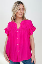 Woven Button Down Ruffle Sleeve Top Magenta / S Blouses
