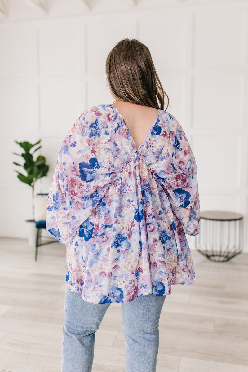 Fabled In Floral Draped Peplum Top Blue Womens