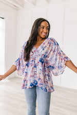 Fabled In Floral Draped Peplum Top Blue Womens