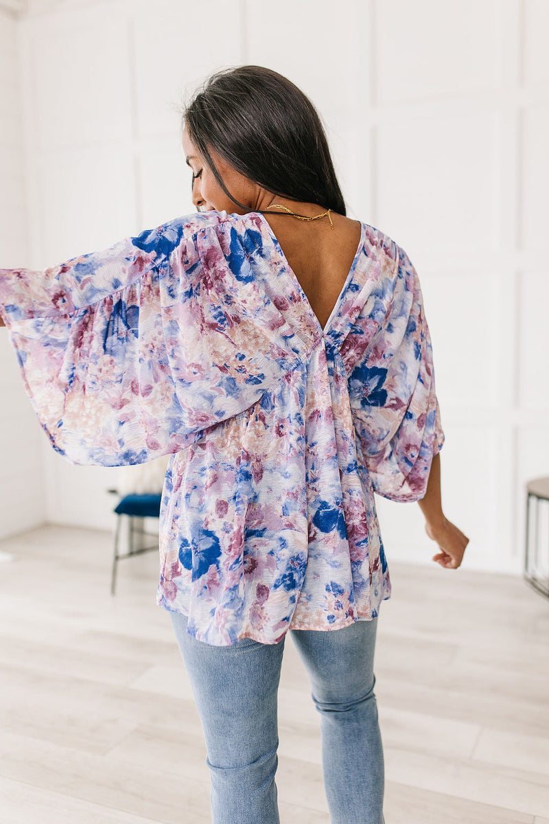 Fabled In Floral Draped Peplum Top Blue Womens