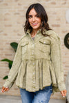 Green Tea Button Up Long Sleeve Top In Olive Womens