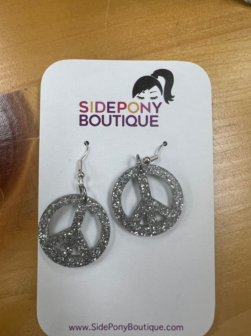 Silver Glitter Peace Sign Dangle Earrings