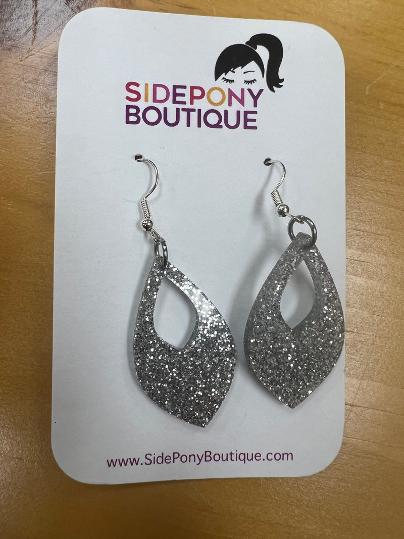 Silver Glitter Tear Drop Dangle Earrings