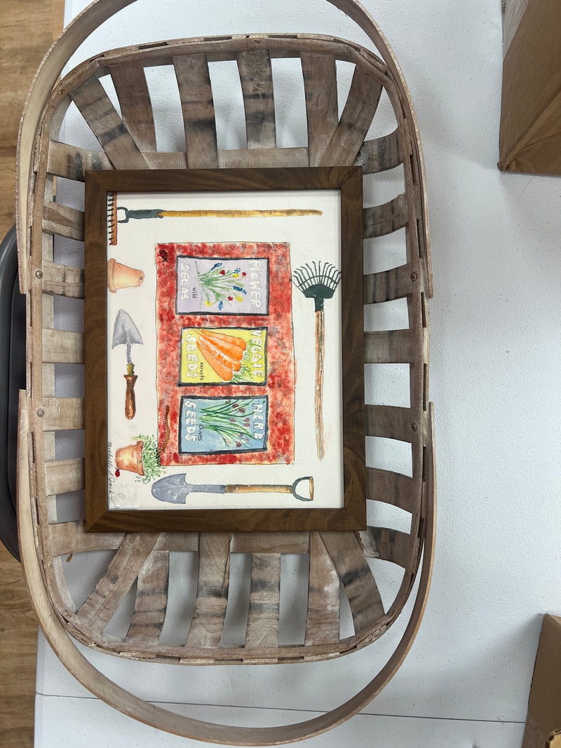 Gardening Basket Framed Original Watercolor