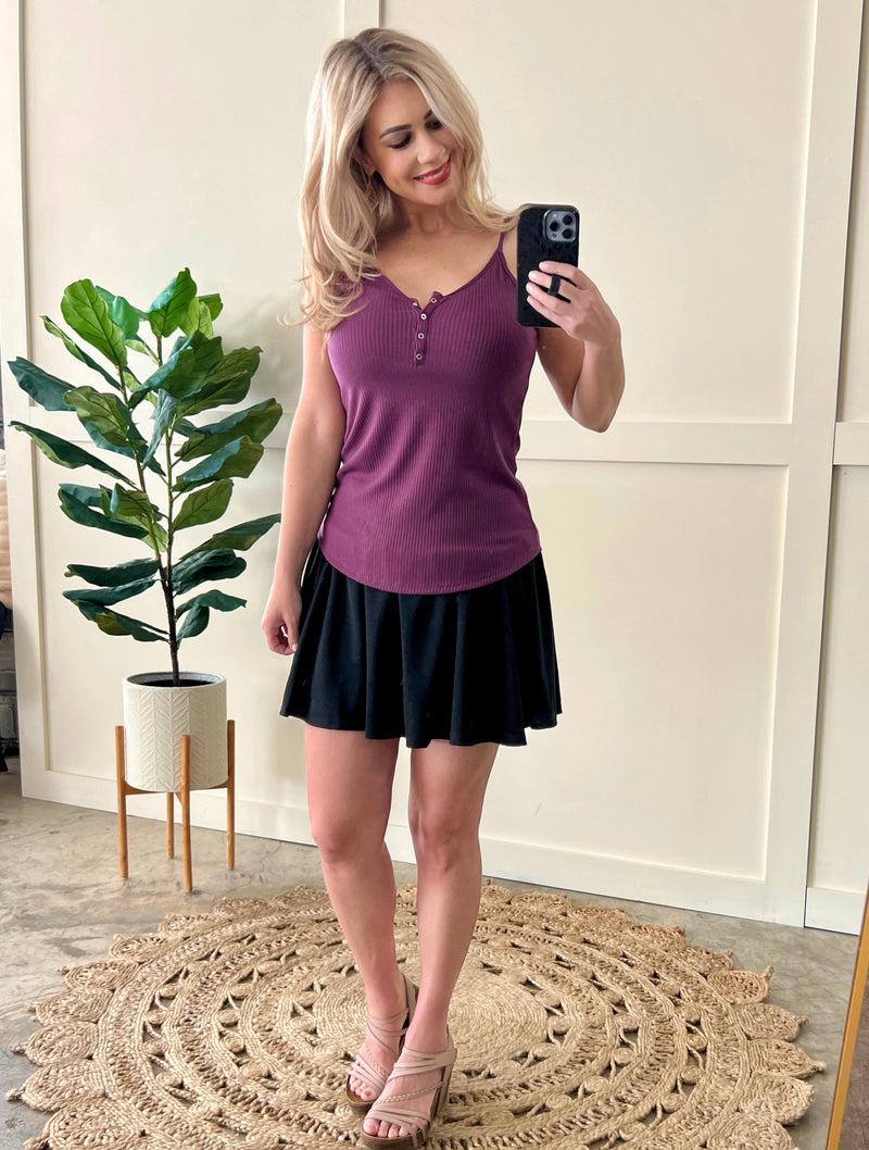 Ribbed Button Front Sleeveless Top In Dark Purple**