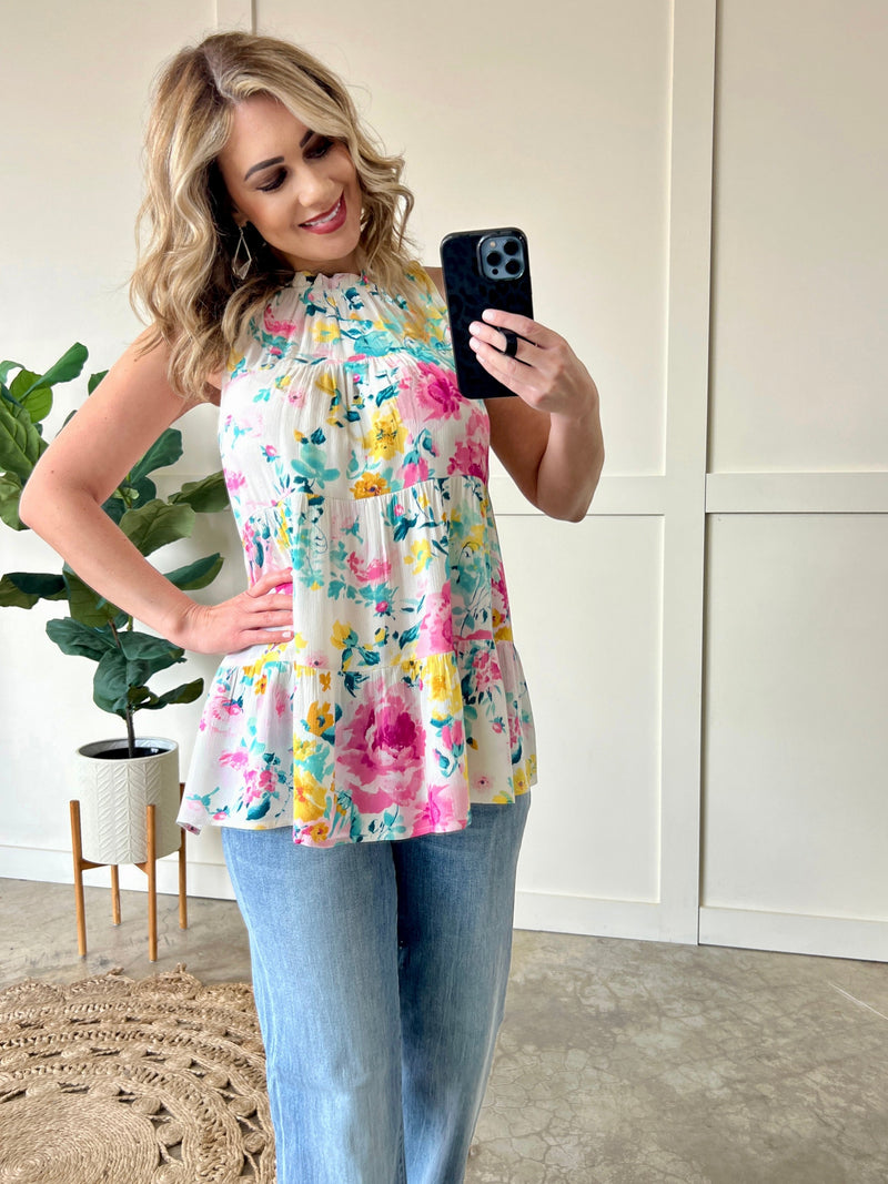 Tiered Tie Back Sleeveless Blouse In Easter Florals