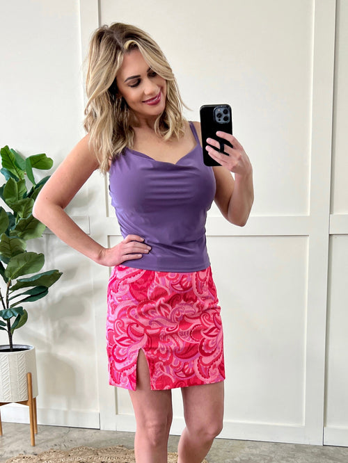 Corduroy Skirt With Front Slit In Bright Pink Paisley