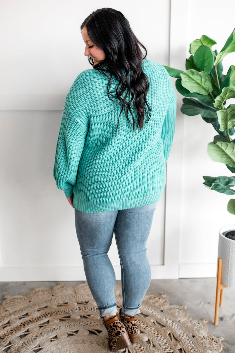 Open Knit V Neck Sweater In Aqua