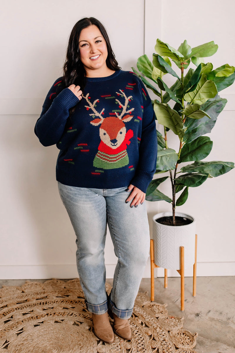 Crew Neck Reindeer Sweater In Navy