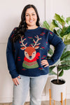 Crew Neck Reindeer Sweater In Navy