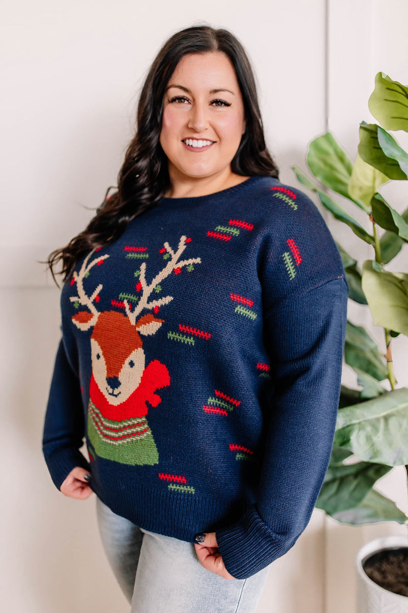 Crew Neck Reindeer Sweater In Navy