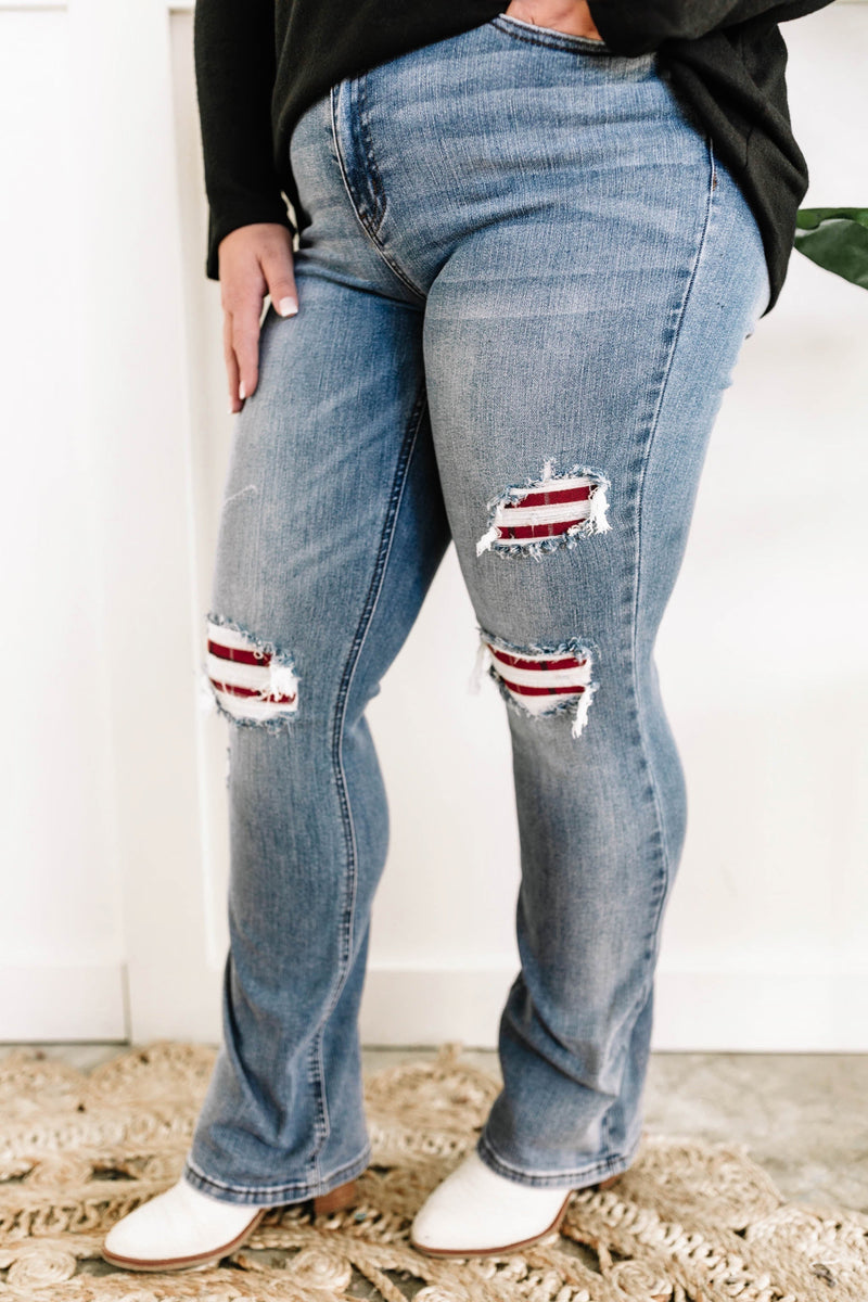 Mid Rise Bootcut Judy Blue Jeans With Plaid Patch Detail