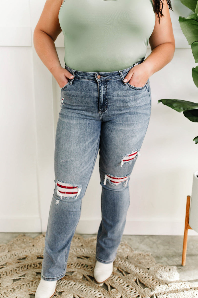 Mid Rise Bootcut Judy Blue Jeans With Plaid Patch Detail