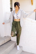 Kick Back Distressed Joggers In Olive Womens