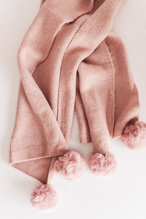 Knitted Fuzzy Pom Scarf In Blush Womens