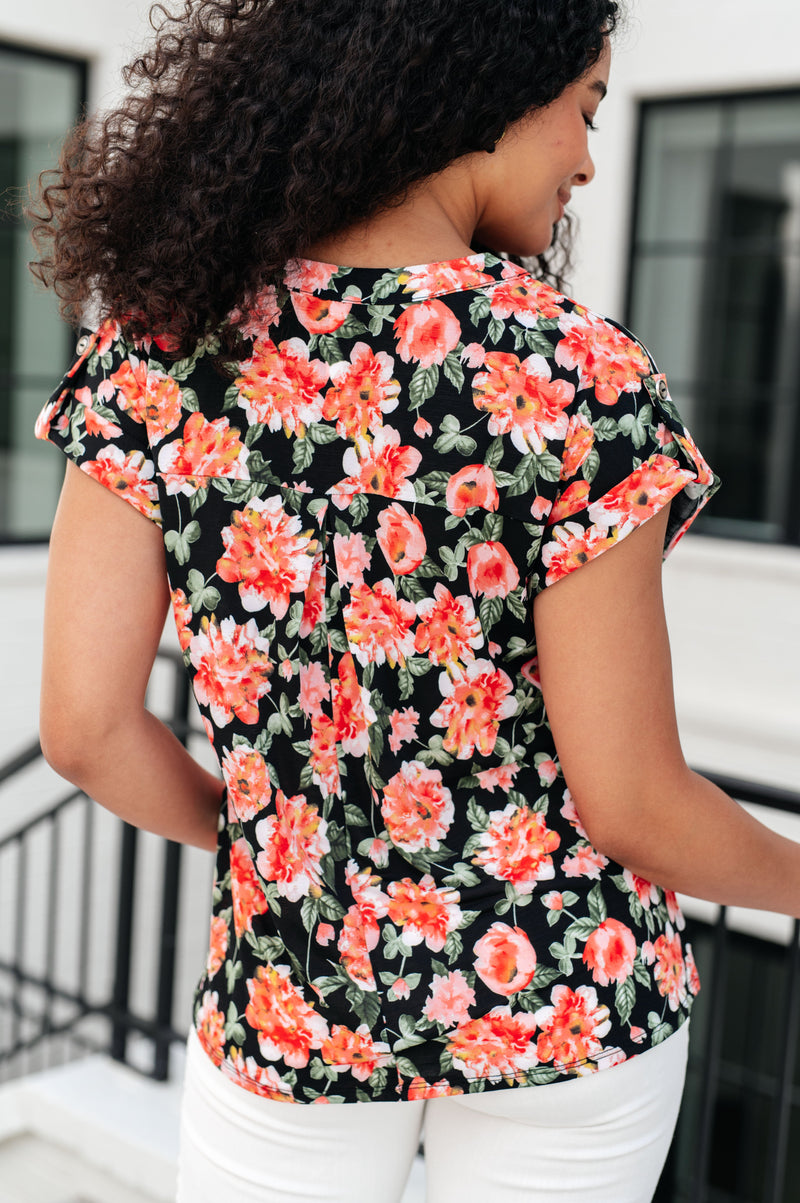 Lizzy Cap Sleeve Top in Black and Coral Floral*