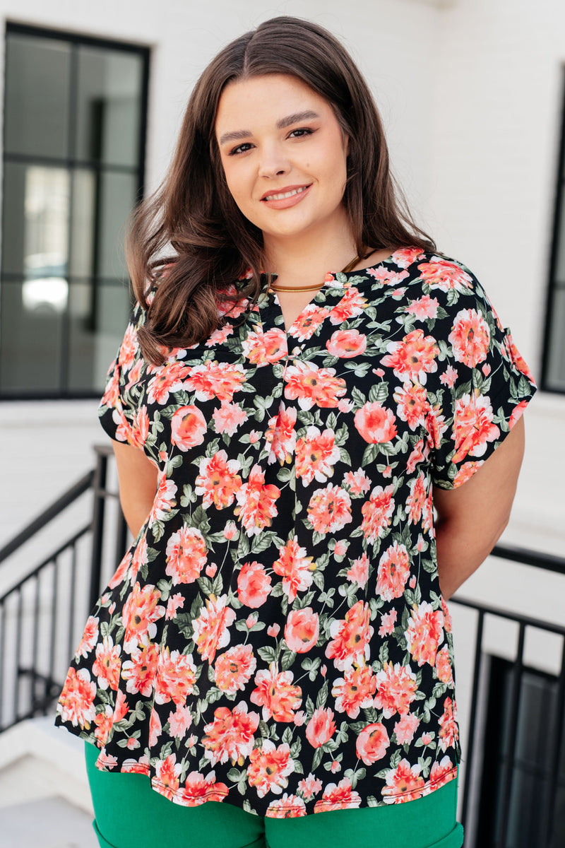 Lizzy Cap Sleeve Top in Black and Coral Floral*