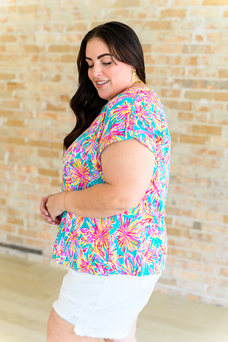 Lizzy Cap Sleeve Top in Emerald Multi Palm Trees