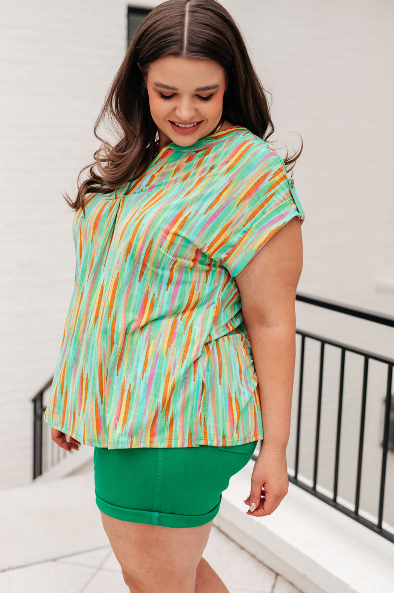 Lizzy Cap Sleeve Top in Lime and Emerald Multi Stripe