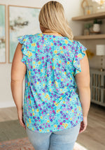 Lizzy Flutter Sleeve Top in Teal and Purple Floral