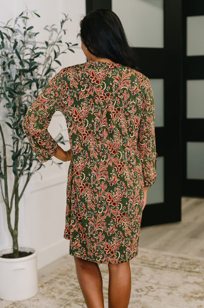 Lizzy Long Sleeve Dress in Olive Paisley