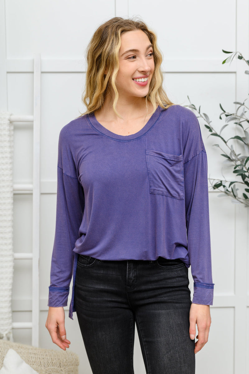 Doorbuster: Long Sleeve Knit Top With Pocket In Denim Blue Womens