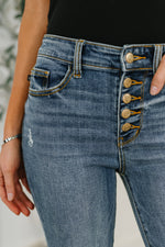 Marion Mid Rise Button Fly Flare with Destroy Fray Hem