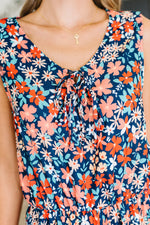 Meadow Mischief Sleeveless Dress in Navy/Orange/Teal