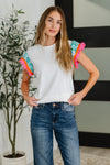 Petals & Poise Floral Flutter Sleeve Top in White